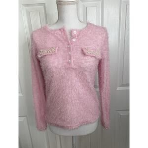 Chicme Pink Fuzzy Sweater Sz M Soft Fluffy Knit Pearl Detail Cozy Cute Top Y2K